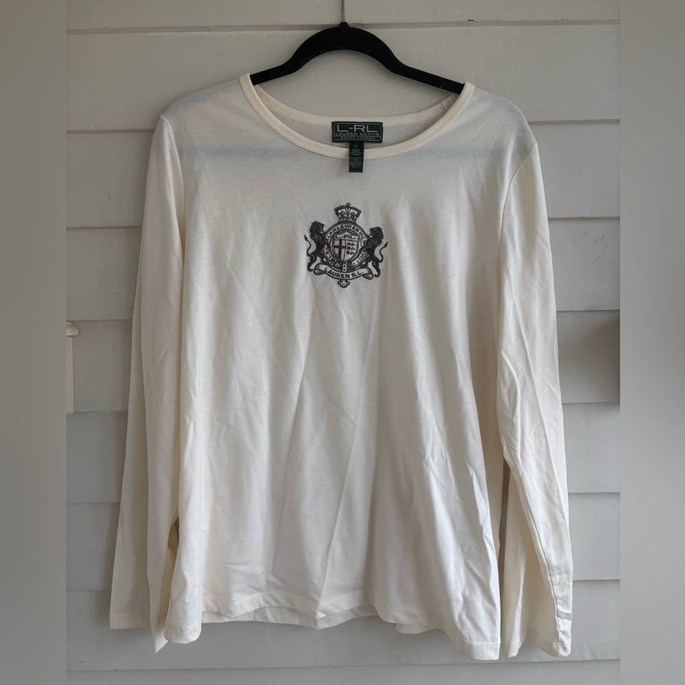 Lauren Ralph Lauren Active Cream Long Sleeve Cotton Top with Crest Detail XL